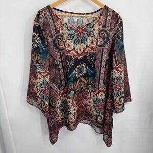 Tanzara Womens Floral Earthy Medallion Tunic Top Flare Sleeve 22/44 Boho‎ Flowy
